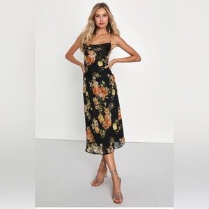 Lulu’s Petal Prowess Black Floral Print Lace-Up Cowl Midi Dress